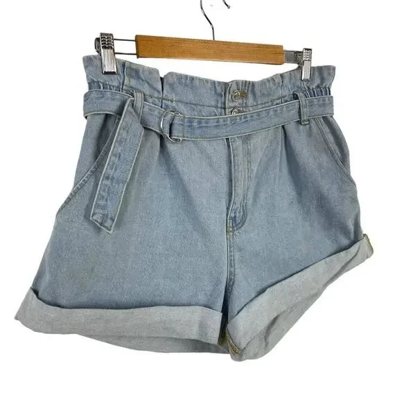 FOREVER 21 BAGGY PAPERBAG HIGH RISE SHORTS WITH BELT LIGHT WASH SIZE 31 - Picture 2 of 10